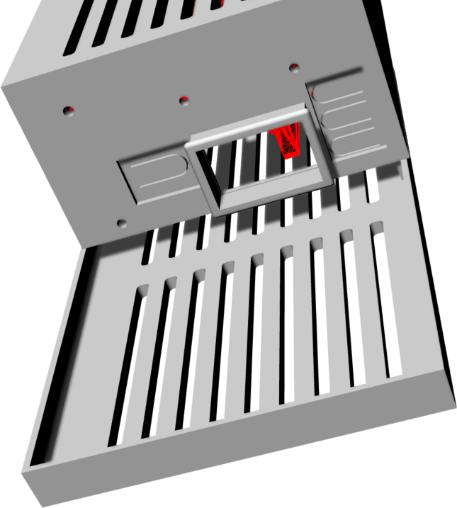 CAD close-up of the vented housing panel and its mounting bracket