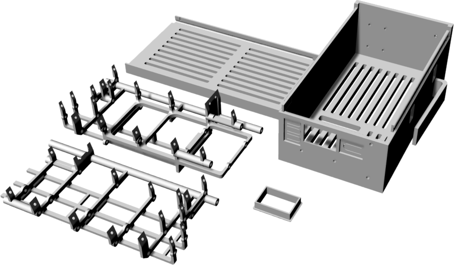 CAD render of the device laid out as separate parts: frames, vented tray and housing