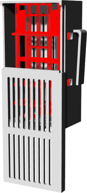 CAD render of the sensing device housing, cut open to show a red internal frame